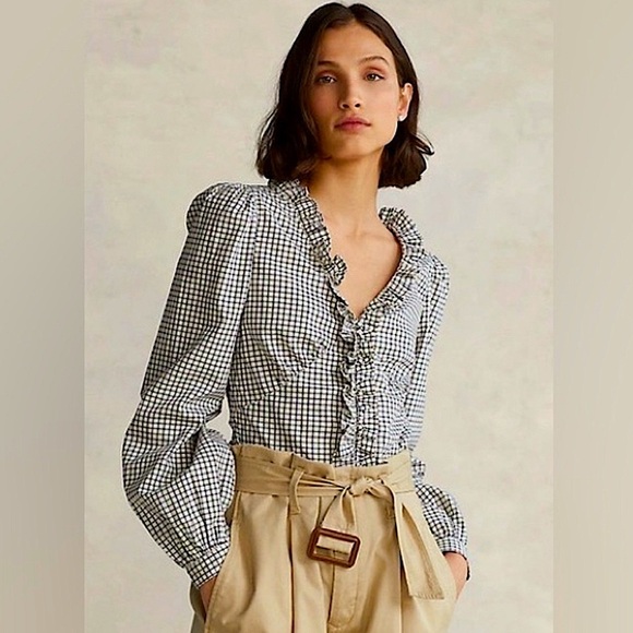 Polo Ralph Lauren Poplin Ruffle Trim Button Up Blouse Navy Maroon Checks Size 10 - Picture 1 of 7